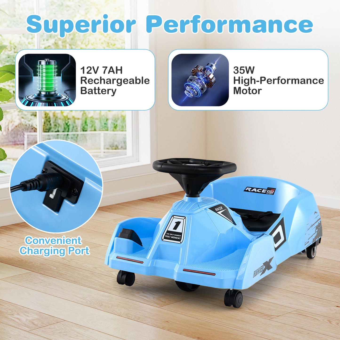 12V Electric Go Kart, Detachable Mop, Remote Control, Blue Powered Ride On Toys at Gallery Canada