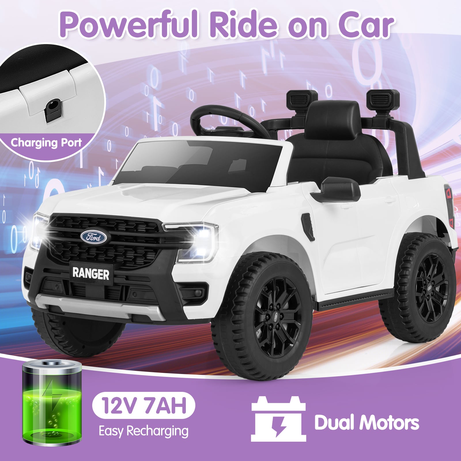 12V Electric Kids Ride On Car, Remote Control, Music, White Powered Ride On Toys at Gallery Canada
