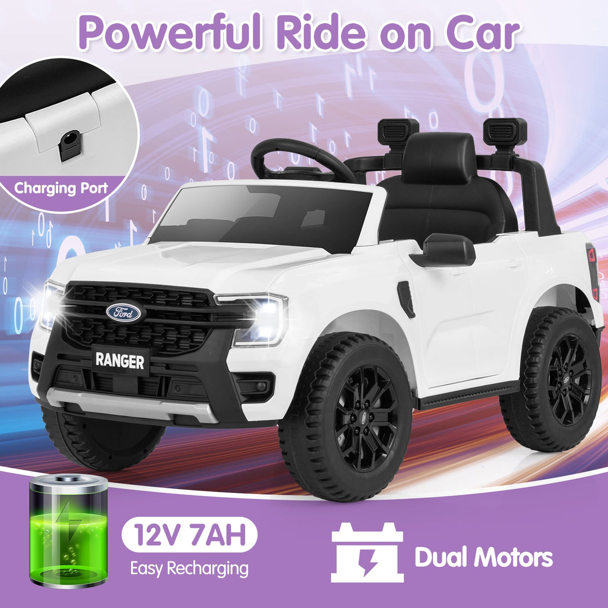 12V Electric Kids Ride On Car, Remote Control, Music, White Powered Ride On Toys at Gallery Canada