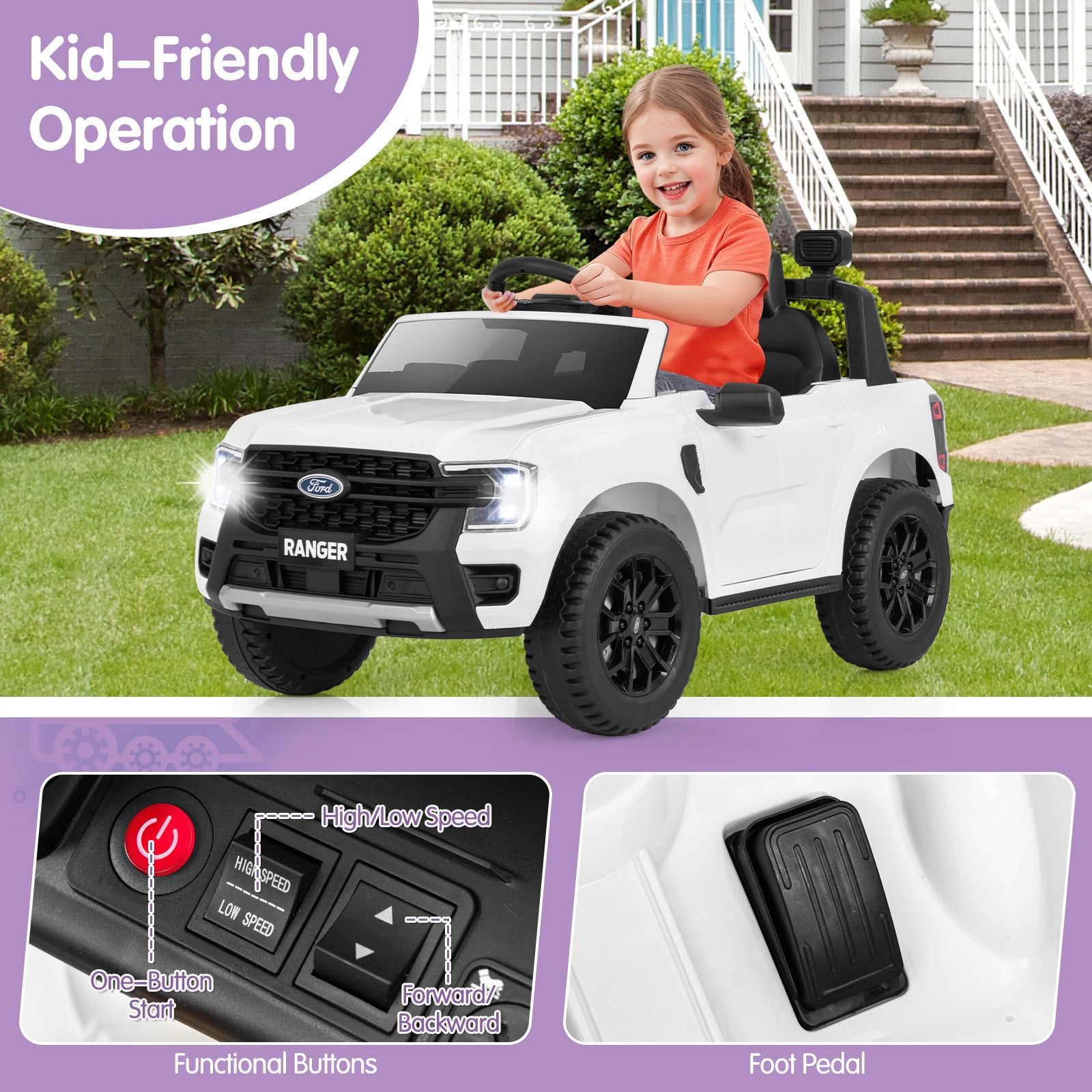 12V Electric Kids Ride On Car, Remote Control, Music, White Powered Ride On Toys at Gallery Canada