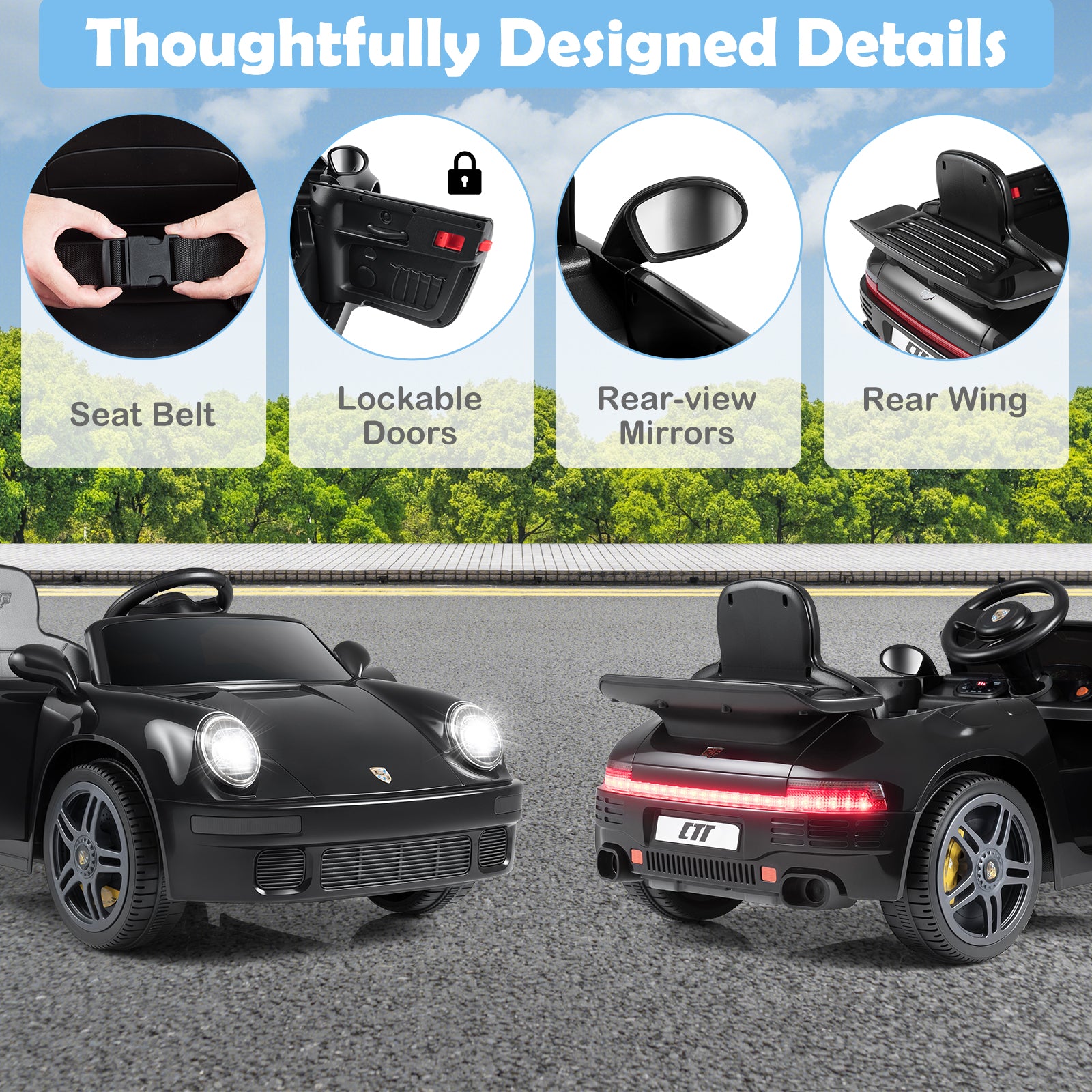 12V Electric Ride On Car Licensed RUF CTR with Remote Control and Music, Black Powered Ride On Toys at Gallery Canada
