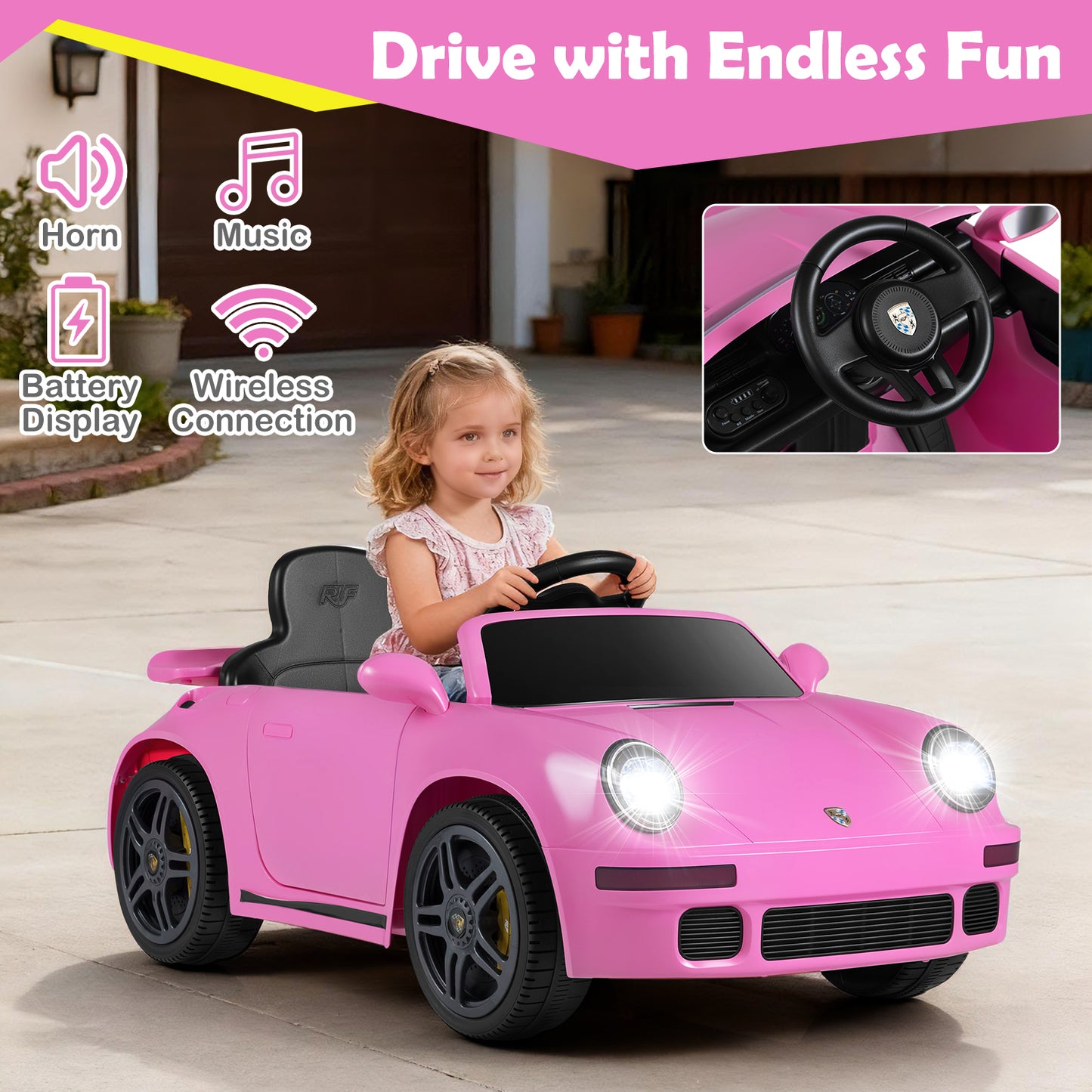 12V Electric Ride On Car Licensed RUF CTR with Remote Control and Music, Pink Powered Ride On Toys at Gallery Canada