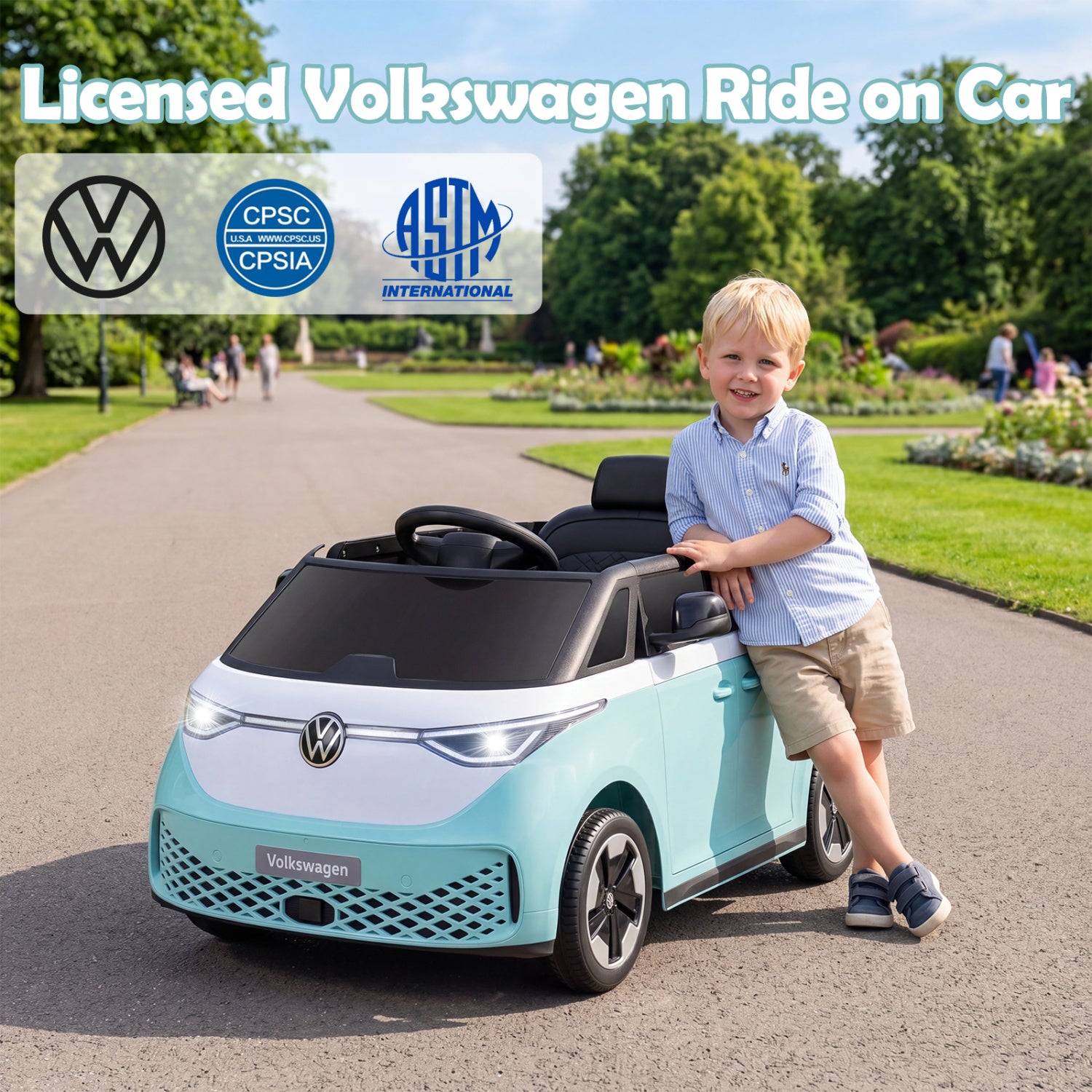 12V Kids Electric Car Bus with Music and LED Headlights Licensed Volkswagen, Light Blue Powered Ride On Toys at Gallery Canada