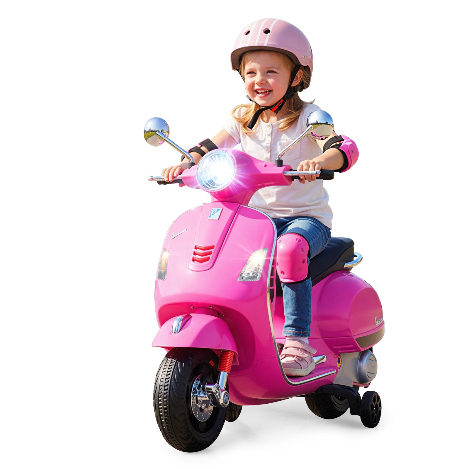 12V Kids Electric Motorcycle Licensed VESPA with Music and Training Wheels, Pink Powered Ride On Toys at Gallery Canada