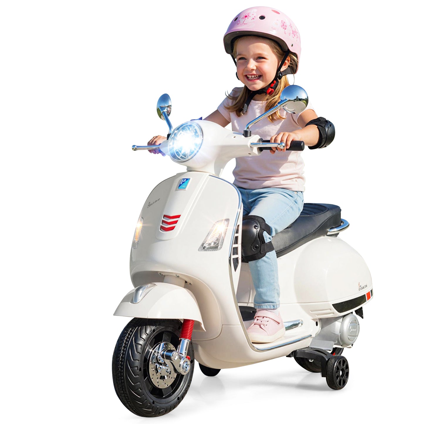 12V Kids Electric Motorcycle Licensed VESPA with Music and Training Wheels, White Powered Ride On Toys at Gallery Canada