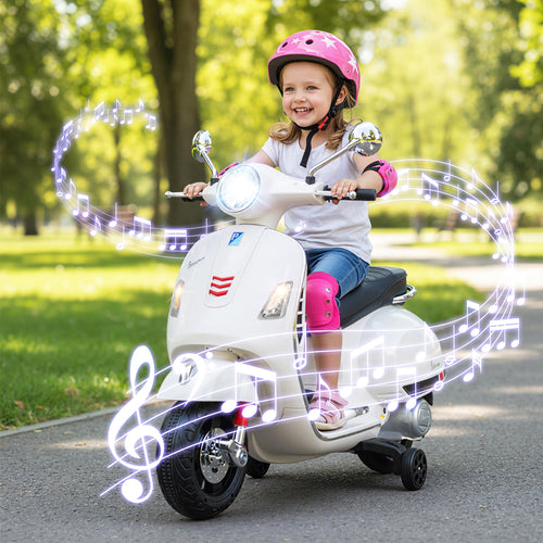 12V Kids Electric Motorcycle Licensed VESPA with Music and Training Wheels, White