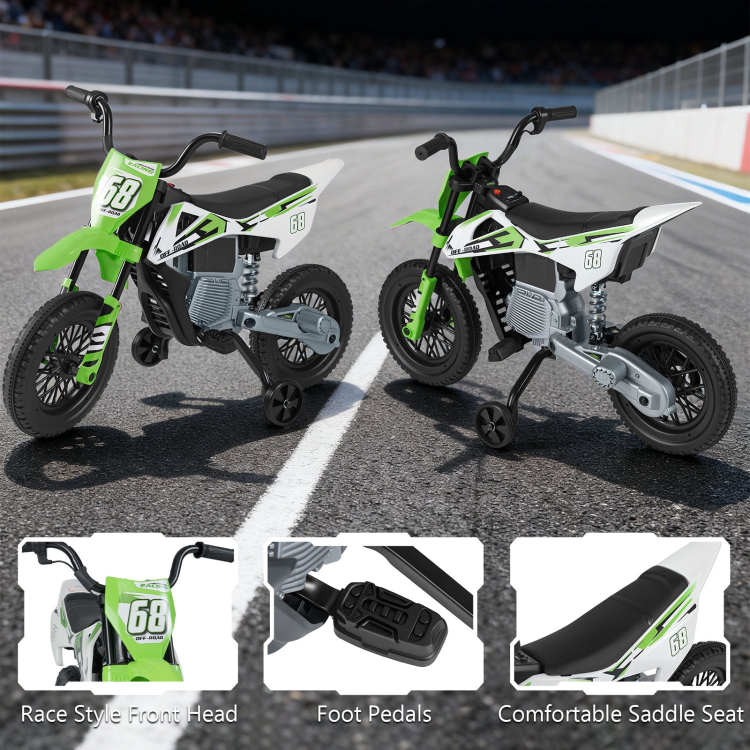 12V Kids Electric Motorcycle, Detachable Training Wheels, Music, Green Powered Ride On Toys at Gallery Canada