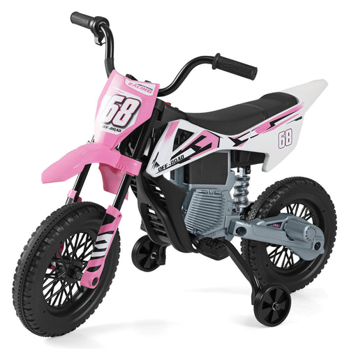 12V Kids Electric Motorcycle, Detachable Training Wheels, Music, Pink