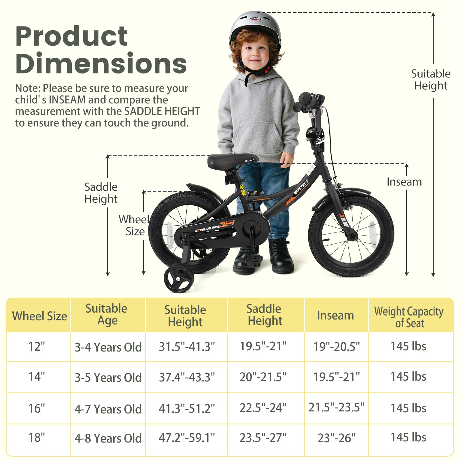 14 Inch Kids Bike, Removable Training Wheels, Adjustable Seat, Black Kids Bike at Gallery Canada