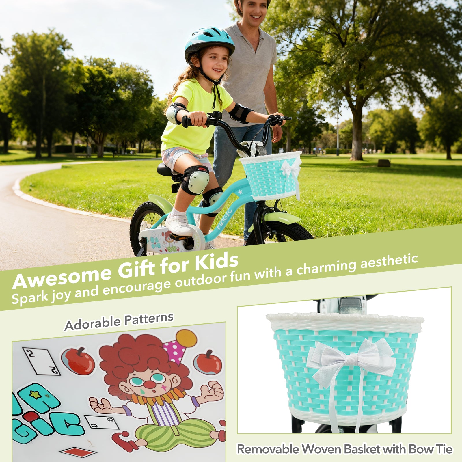 12/14/16 Inch Kids Bike with Training Wheels and Basket Green Color-14 Kids Bike at Gallery Canada