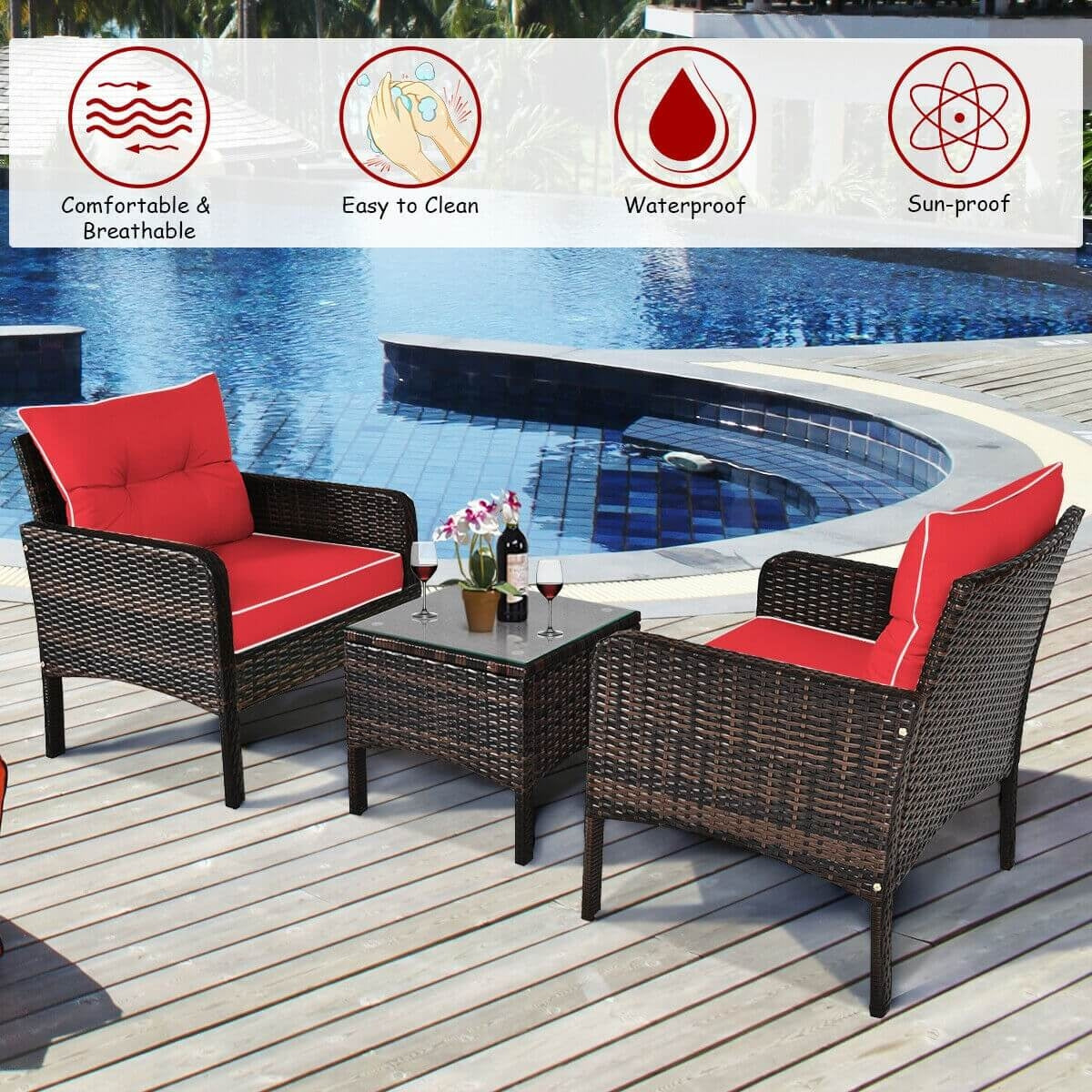 3 Pcs Outdoor Rattan Conversation Set, With Seat Cushions, Red Patio Conversation Sets at Gallery Canada