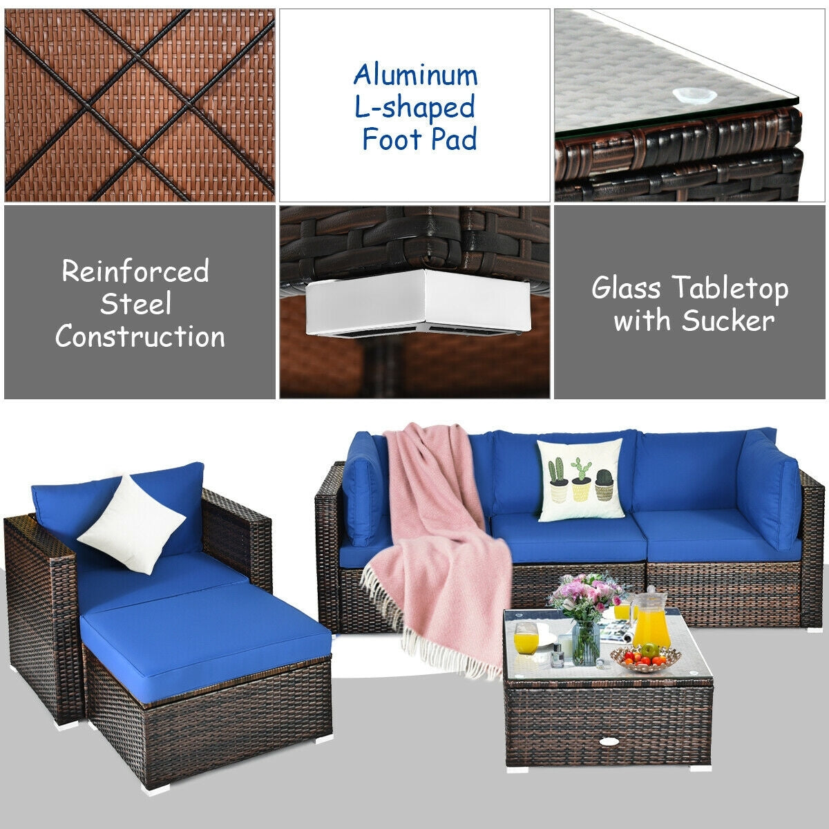 6 Piece Patio Rattan Furniture Set, Sectional Cushion, Blue Outdoor Sectionals at Gallery Canada