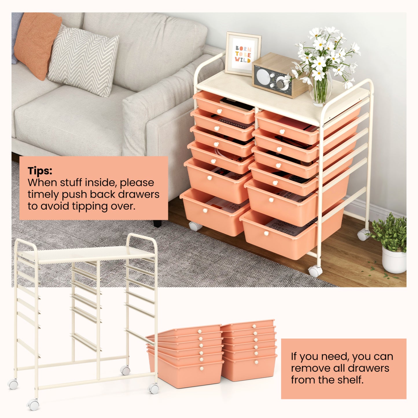 12-Drawer Rolling Storage Cart, Removable Drawers, Lockable Wheels, Peach File Cabinets at Gallery Canada