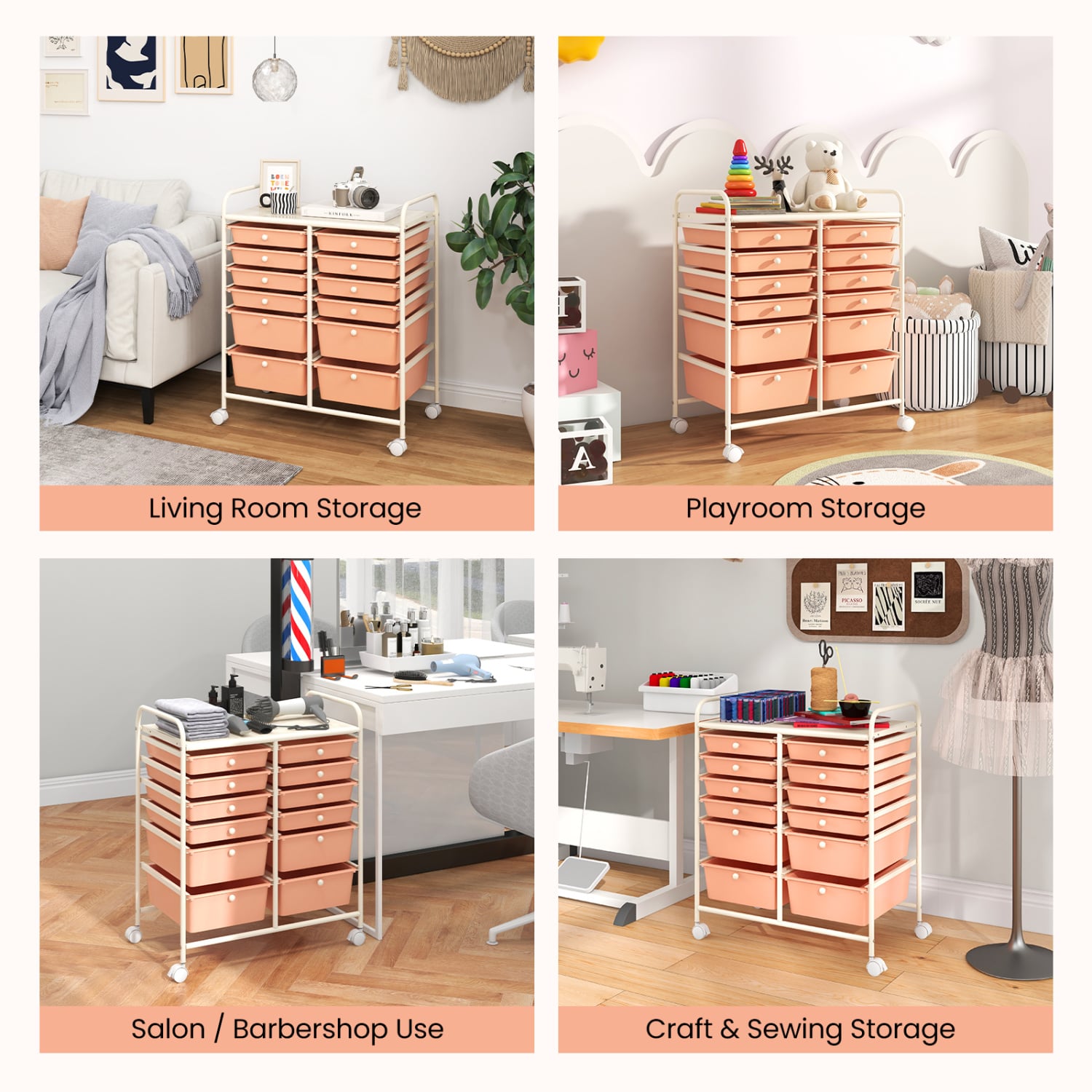 12-Drawer Rolling Storage Cart, Removable Drawers, Lockable Wheels, Peach File Cabinets at Gallery Canada
