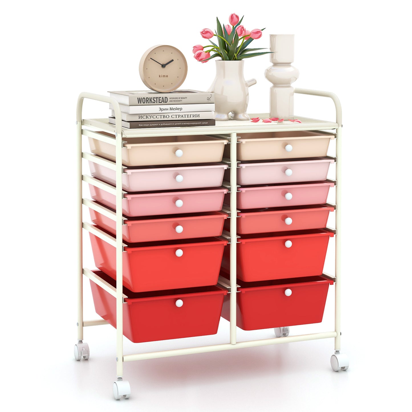 12-Drawer Rolling Storage Cart, Removable Drawers, Lockable Wheels, Pink File Cabinets Pink at Gallery Canada