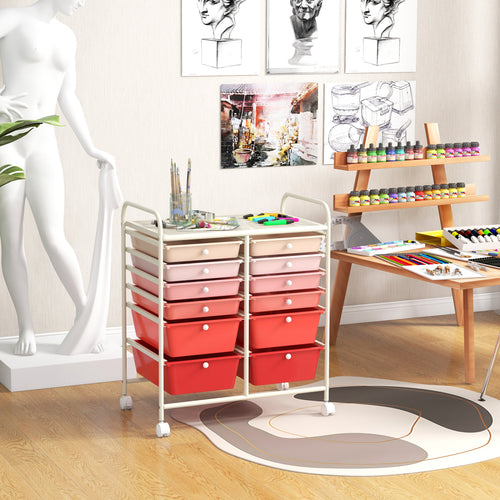 12-Drawer Rolling Storage Cart, Removable Drawers, Lockable Wheels, Pink