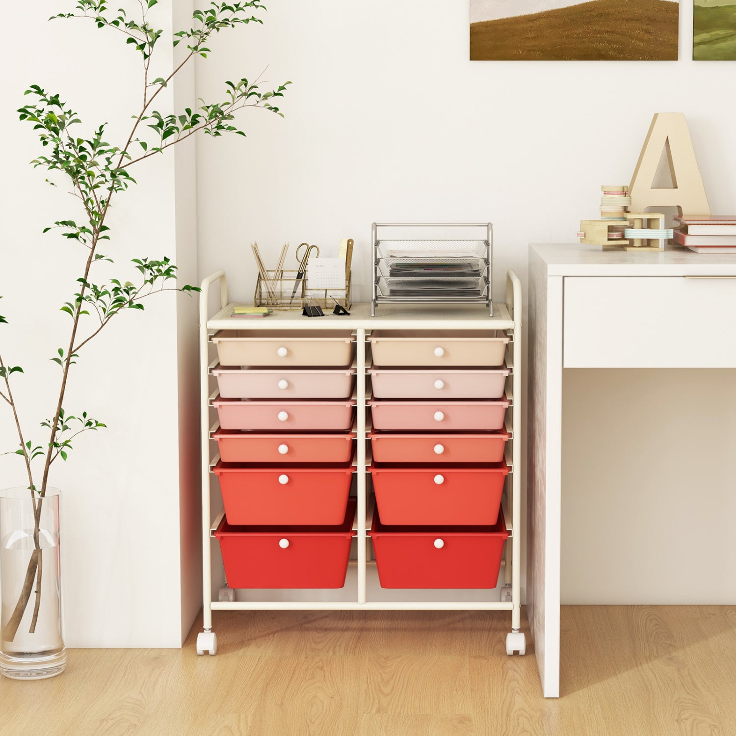 12-Drawer Rolling Storage Cart, Removable Drawers, Lockable Wheels, Pink File Cabinets at Gallery Canada