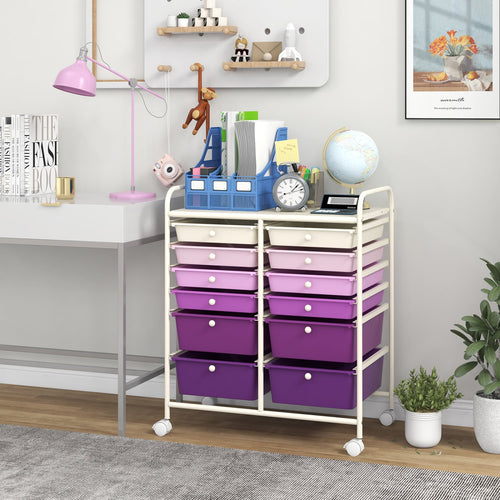 12-Drawer Rolling Storage Cart, Removable Drawers, Lockable Wheels, Purple