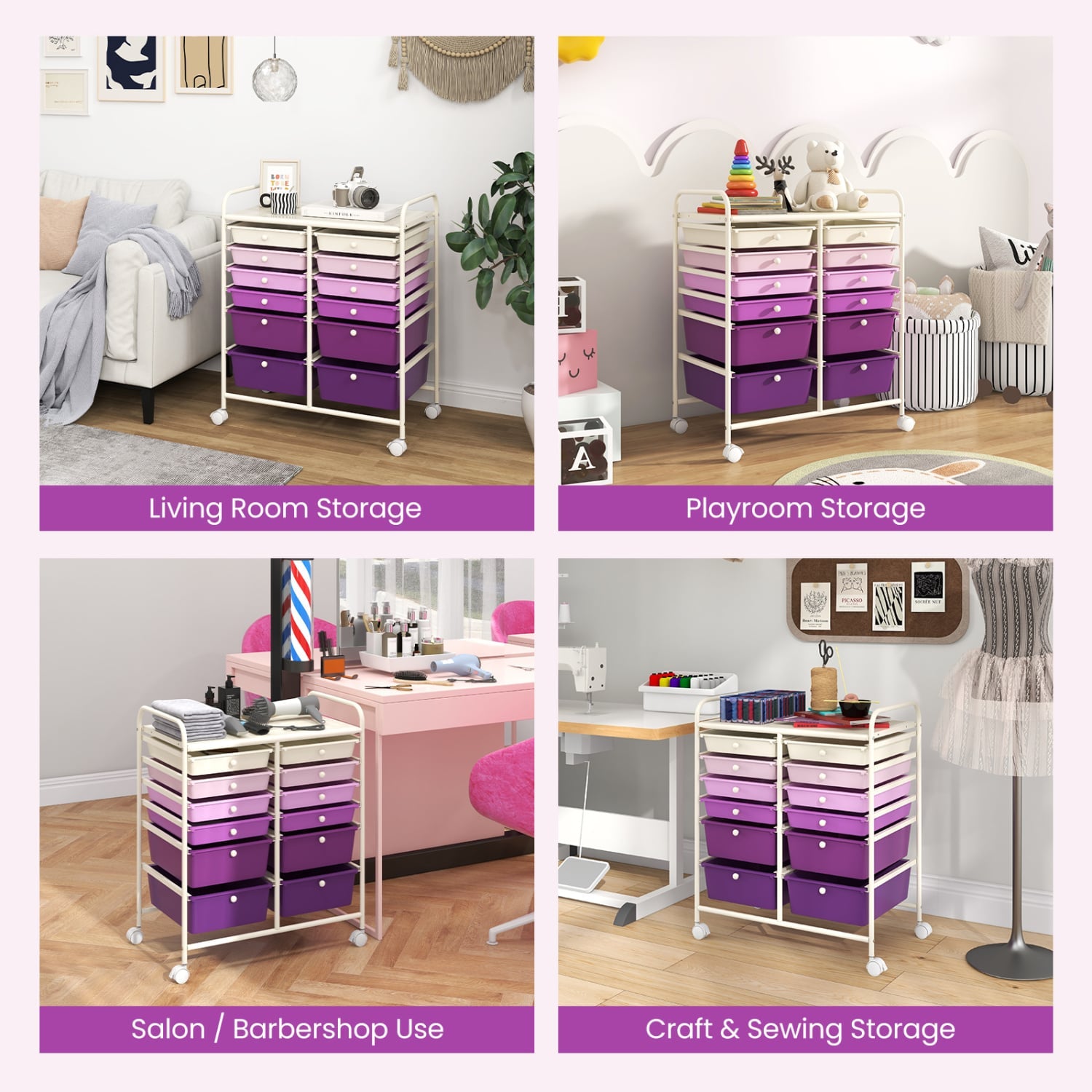 12-Drawer Rolling Storage Cart, Removable Drawers, Lockable Wheels, Purple File Cabinets at Gallery Canada
