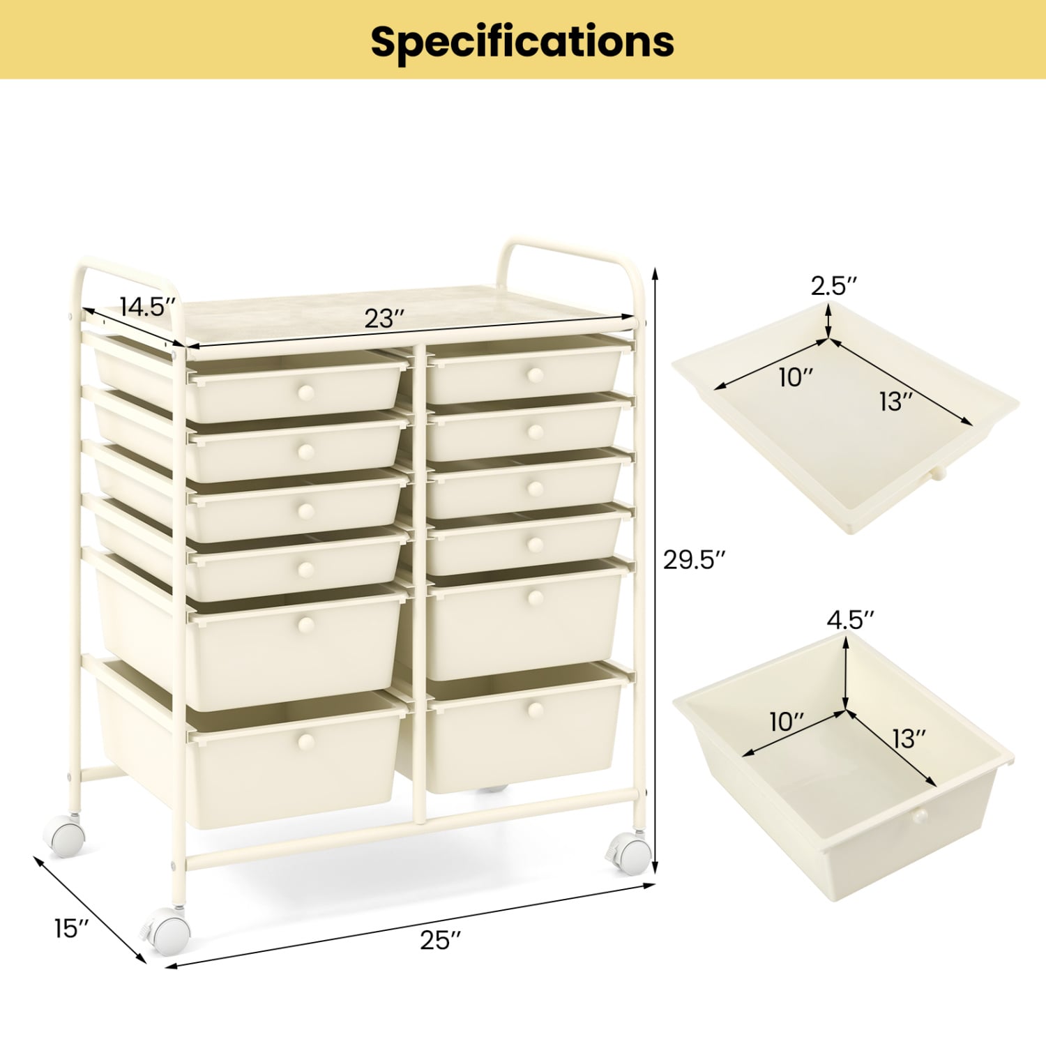 12-Drawer Rolling Storage Cart, Removable Drawers, Lockable Wheels, Beige File Cabinets at Gallery Canada