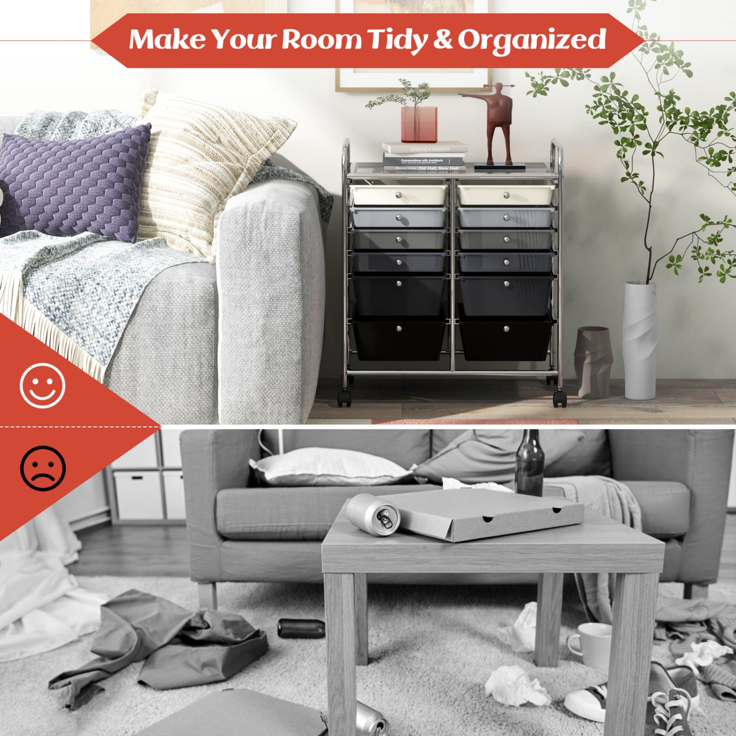 12-Drawer Rolling Storage Cart, Removable Drawers, Lockable Wheels, Gray File Cabinets at Gallery Canada