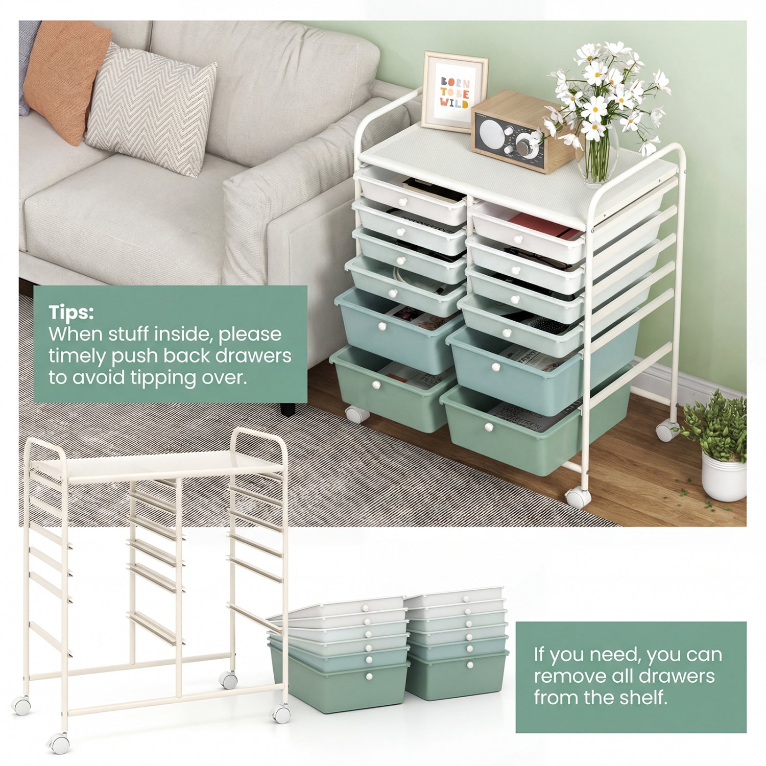 12-Drawer Rolling Storage Cart, Removable Drawers, Lockable Wheels, Green Gradient File Cabinets at Gallery Canada
