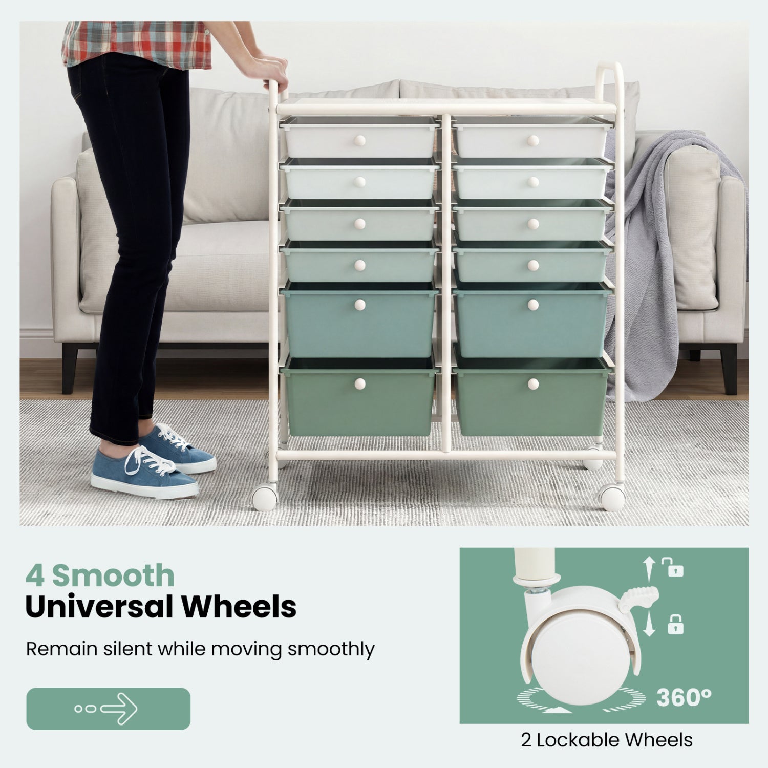 12-Drawer Rolling Storage Cart, Removable Drawers, Lockable Wheels, Green Gradient File Cabinets at Gallery Canada