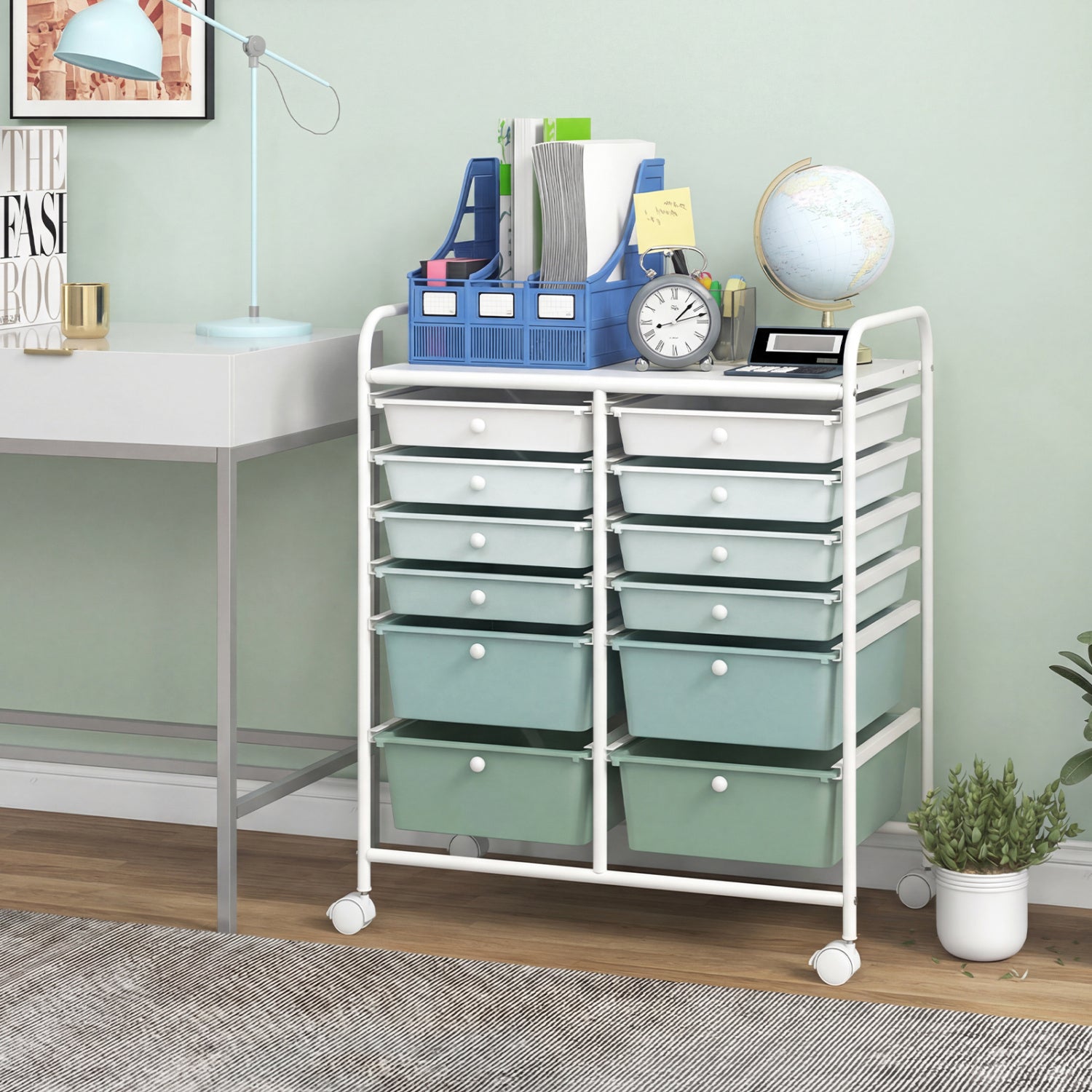 12-Drawer Rolling Storage Cart, Removable Drawers, Lockable Wheels, Green Gradient File Cabinets at Gallery Canada