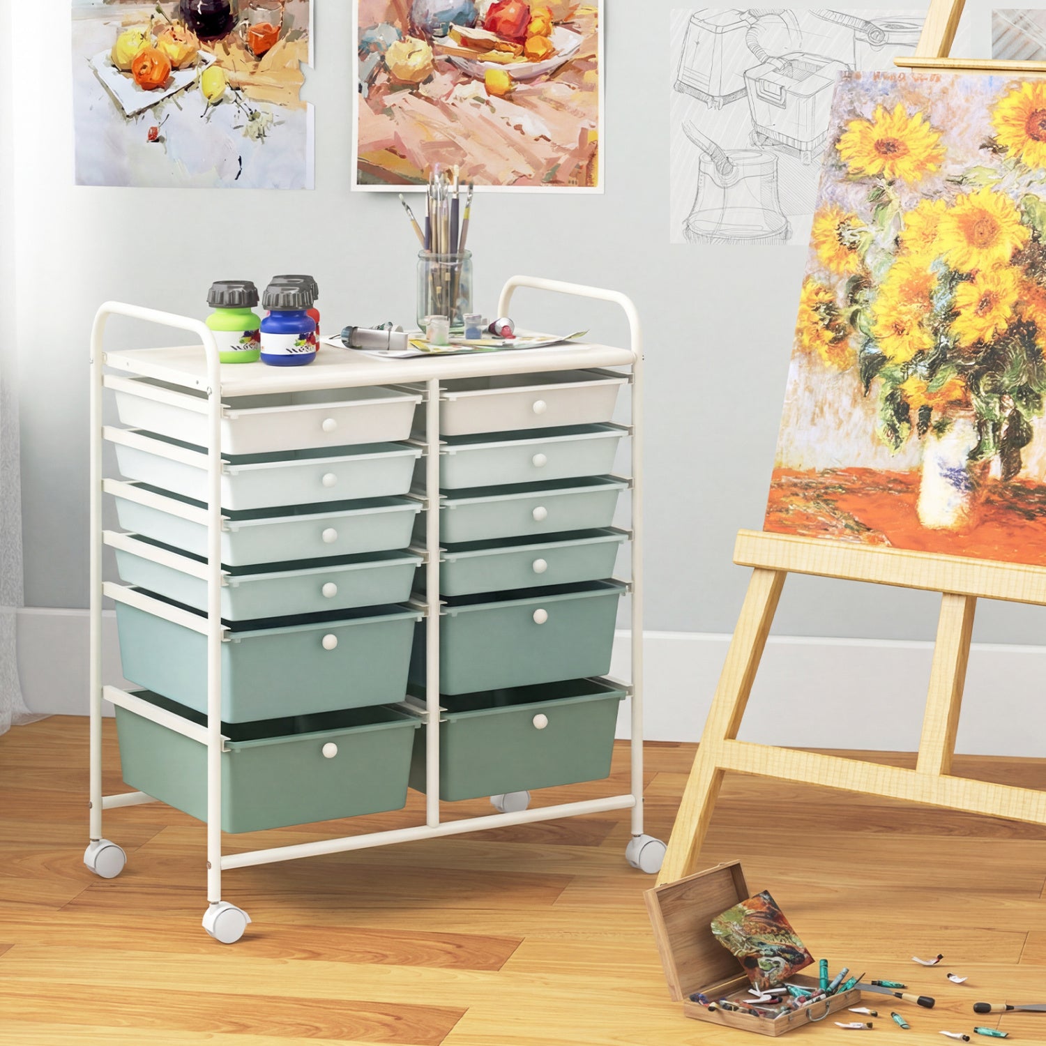 12-Drawer Rolling Storage Cart, Removable Drawers, Lockable Wheels, Green Gradient File Cabinets at Gallery Canada