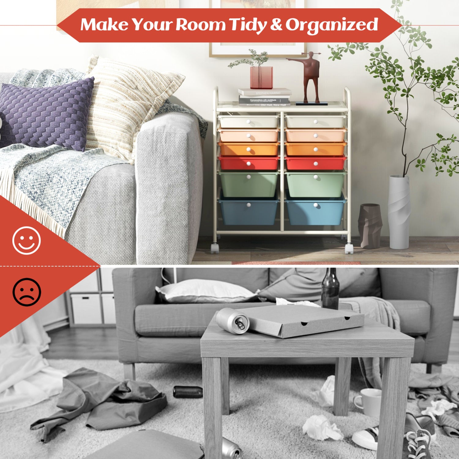 12 Drawers Rolling Storage Cart, Metal Frame, Lockable Wheels, Deep, Multicolor File Cabinets at Gallery Canada