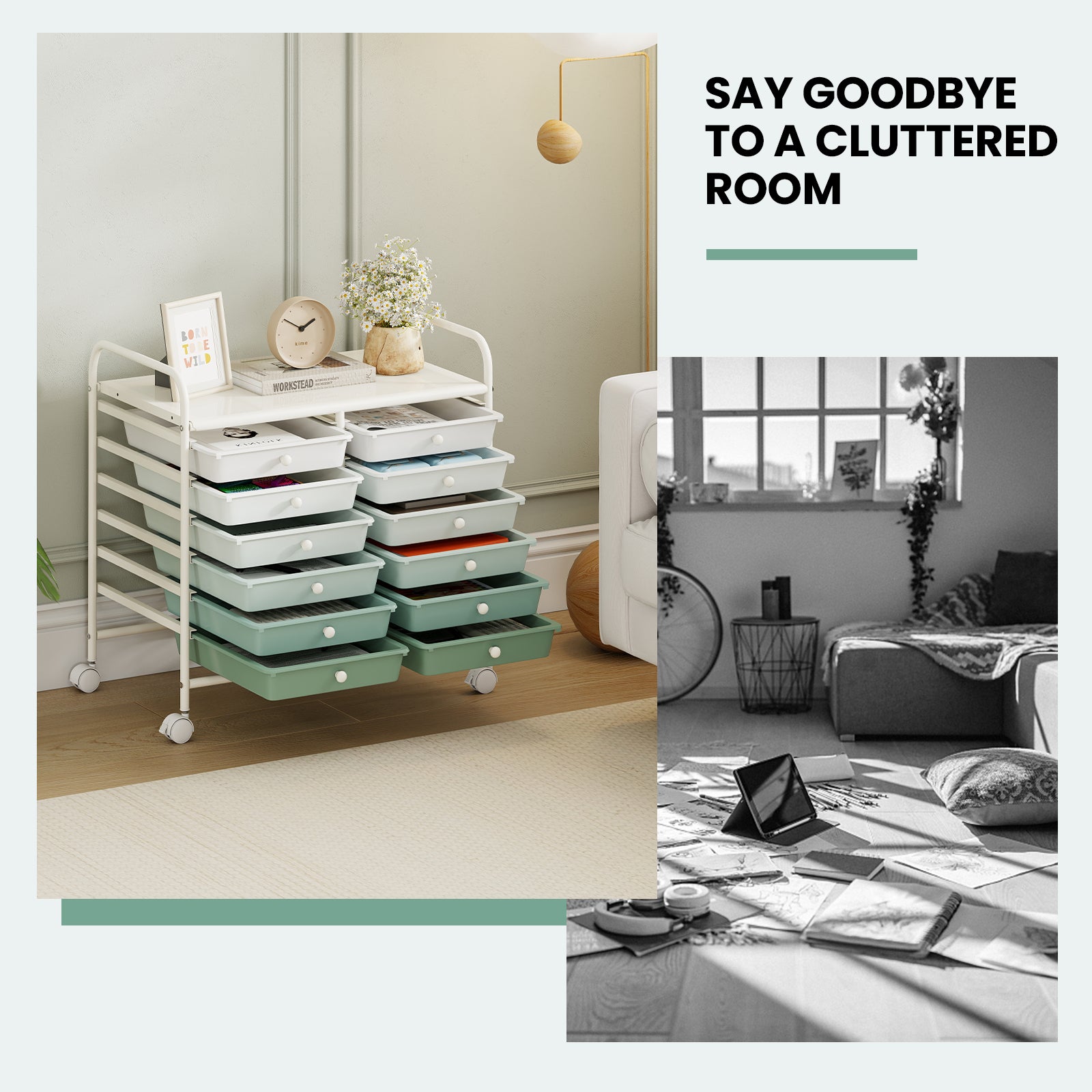 12 Drawers Rolling Storage Cart, Green Gradient File Cabinets at Gallery Canada
