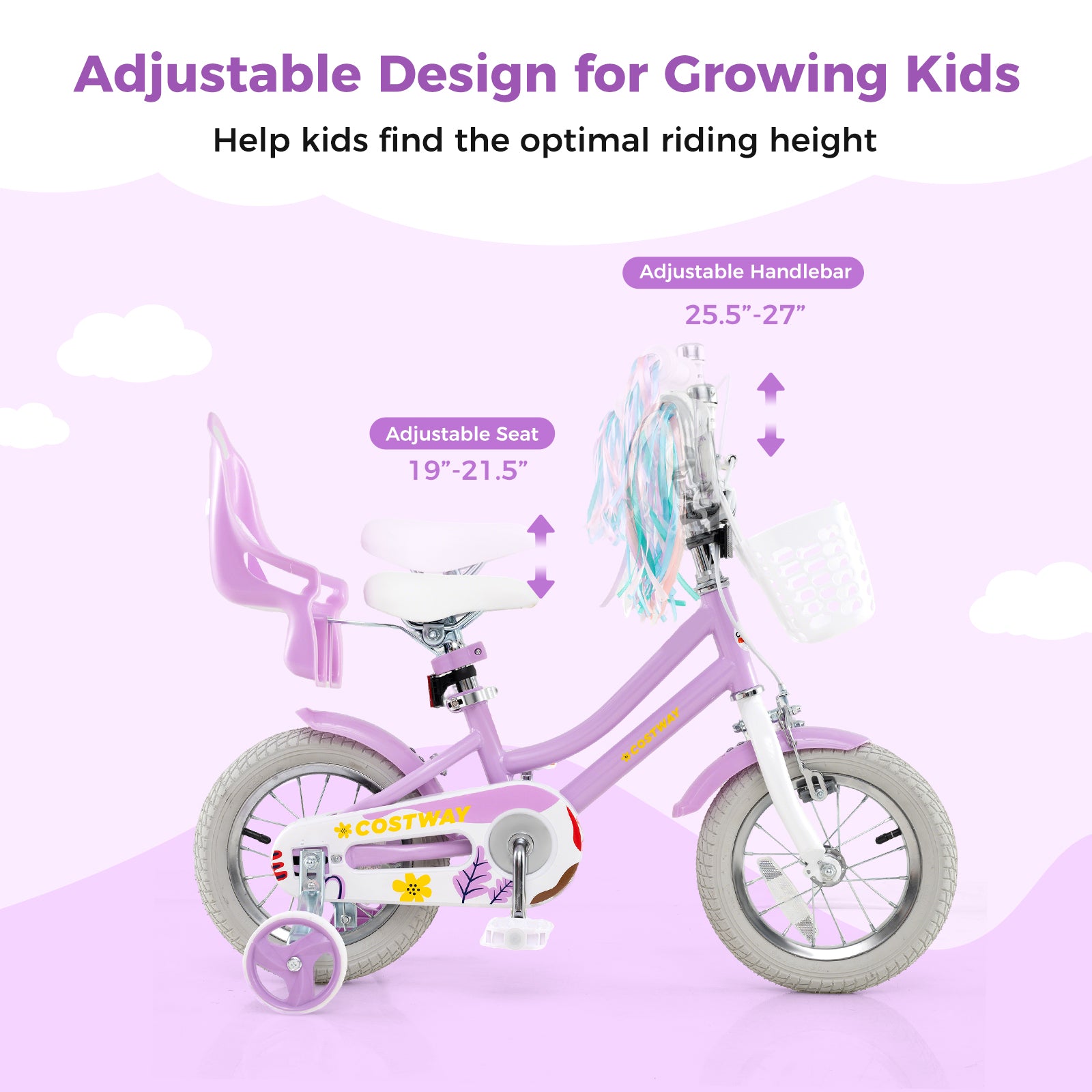 12 Inch Girls Bike, With Doll Seat And Streamers, For Ages 3-4, Purple Kids Bike at Gallery Canada