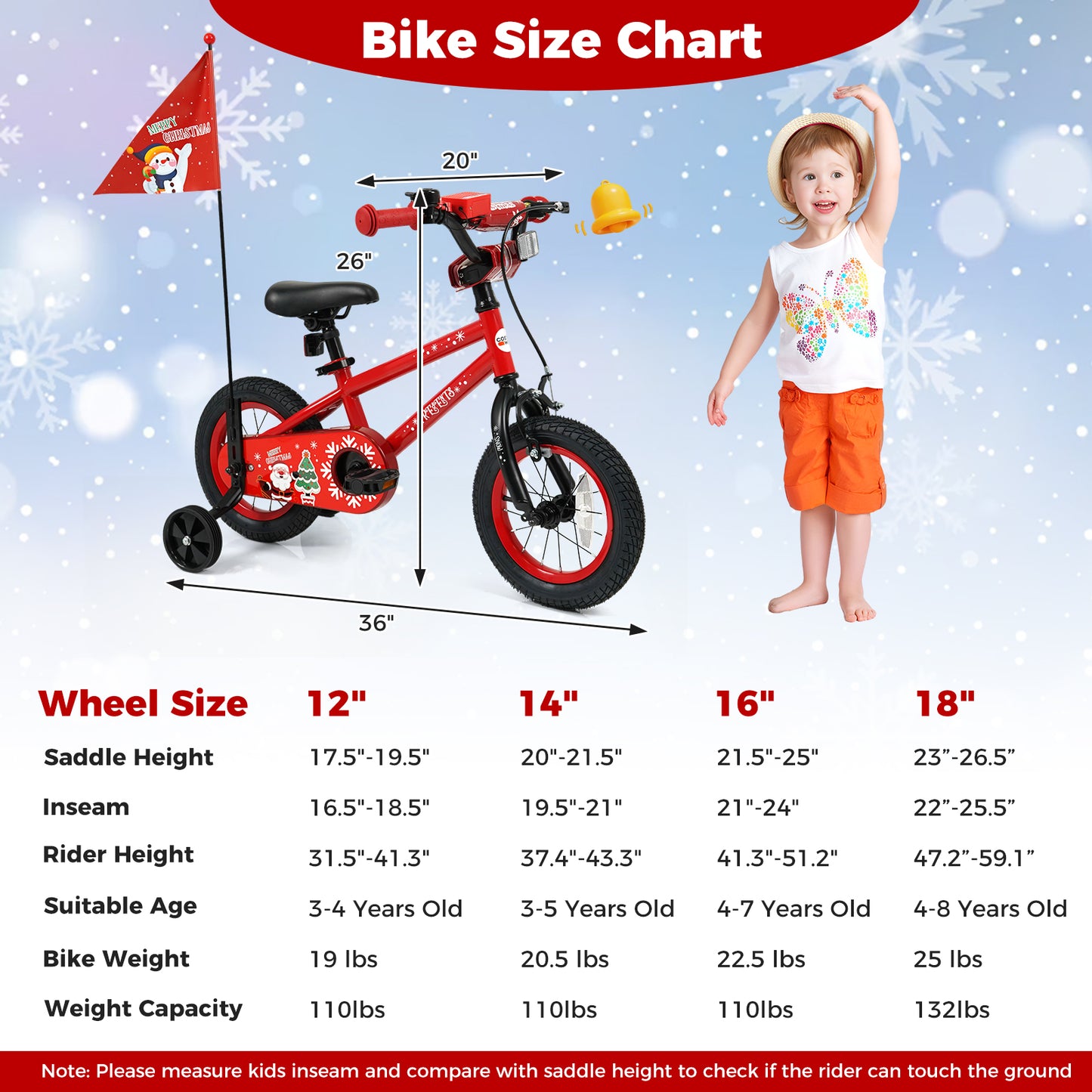 12 Inch Kids Bike Adjustable with Christmas Music & Flag for Aged 3-5 Years Old, Red Kids Bike at Gallery Canada