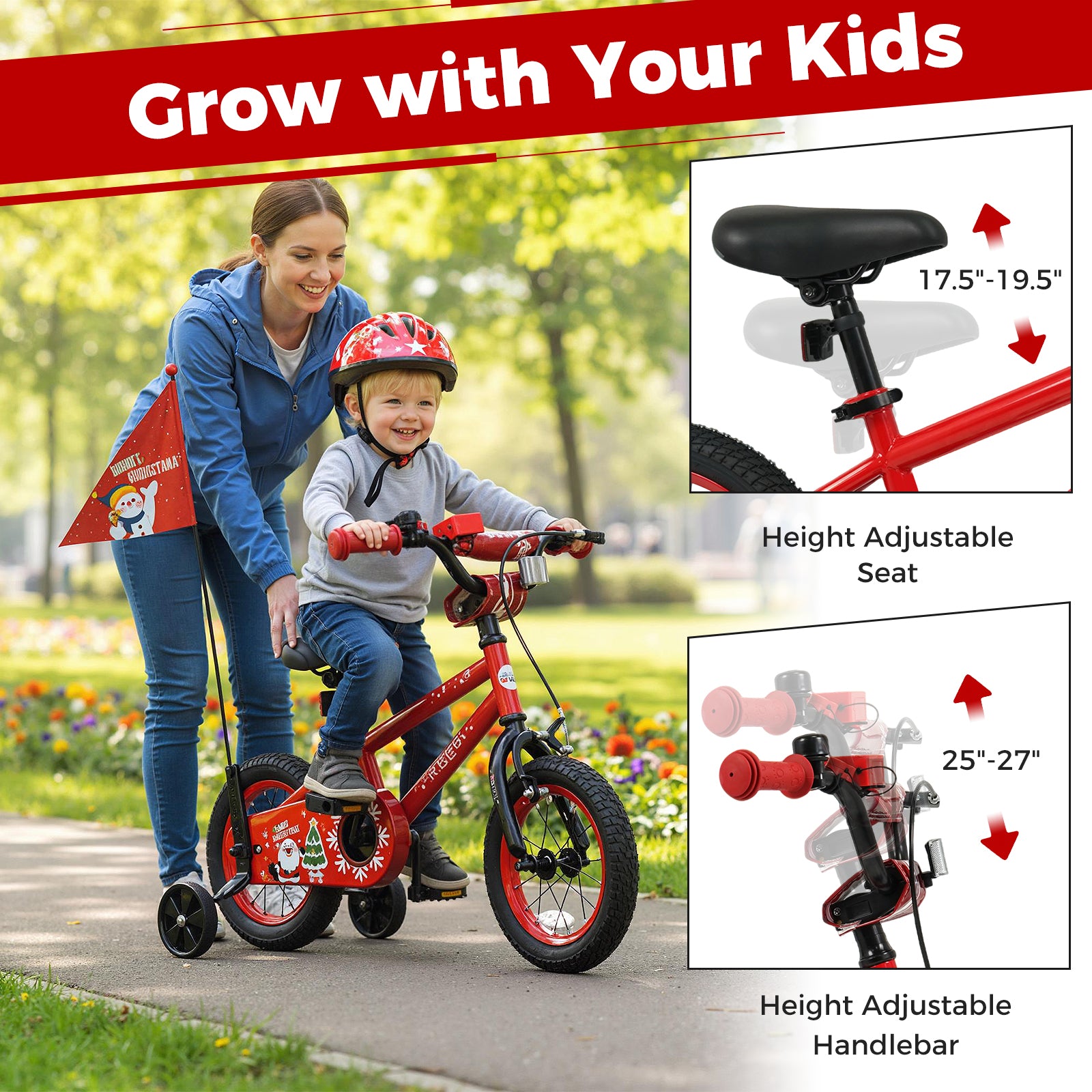12 Inch Kids Bike Adjustable with Christmas Music & Flag for Aged 3-5 Years Old, Red Kids Bike at Gallery Canada