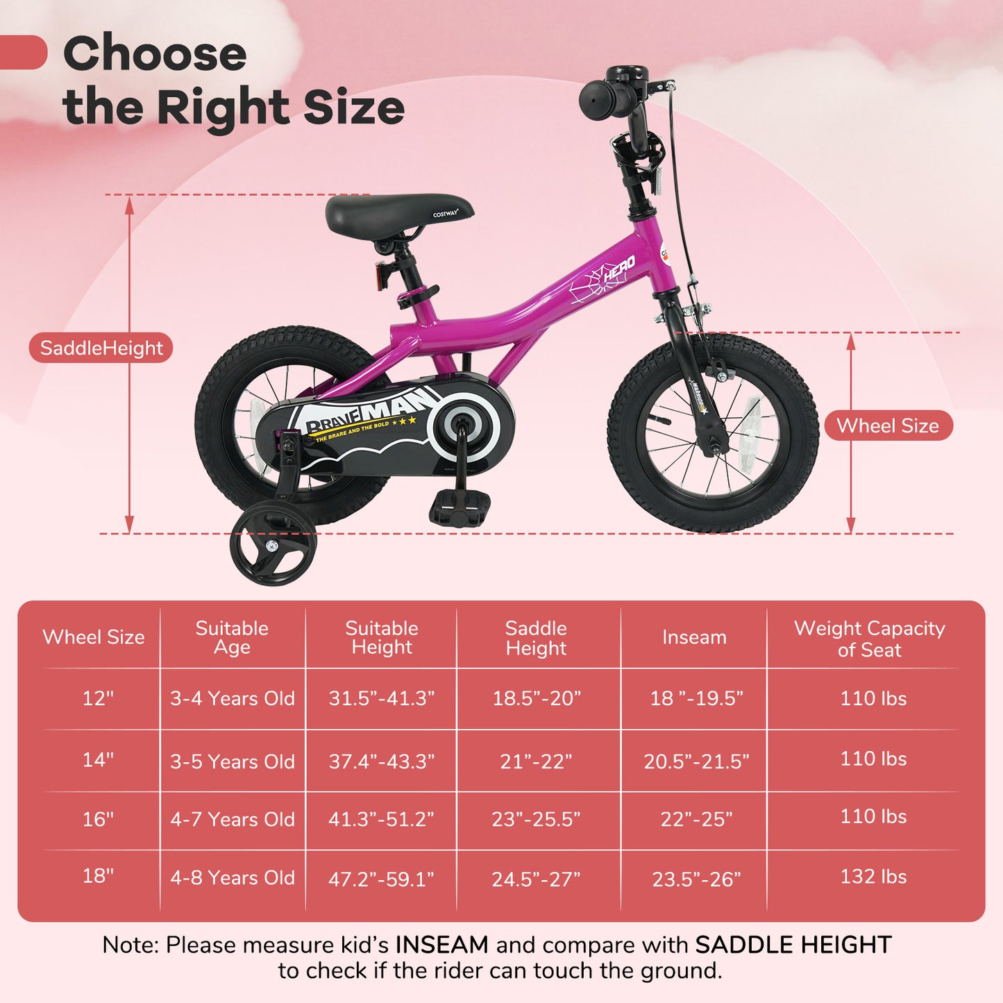 12-Inch Kids Bike With Removable Training Wheels, Brave Hero, Pink Scooters at Gallery Canada