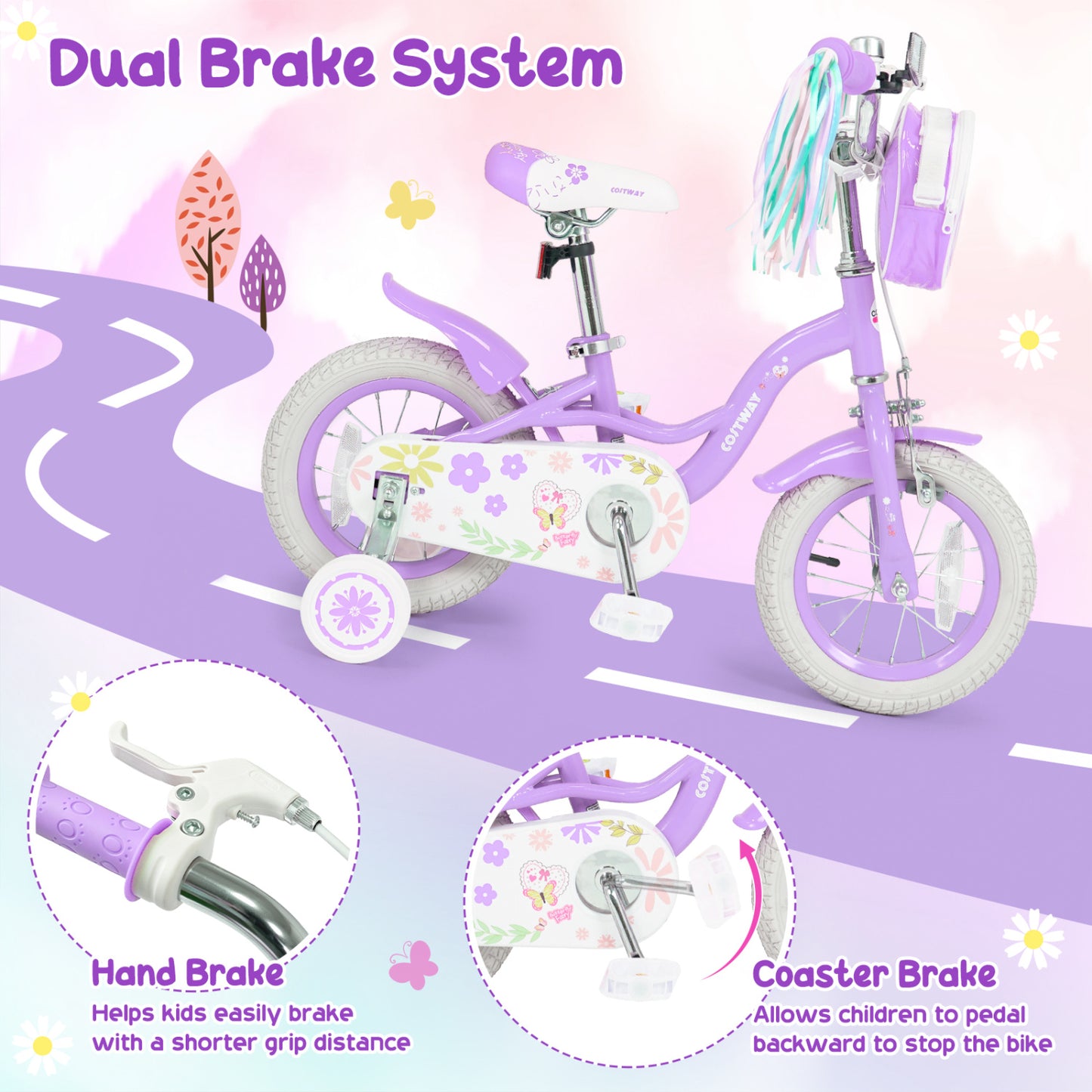 12 Inch Girls Bike with Front Bag, Streamers, Purple Kids Bike at Gallery Canada