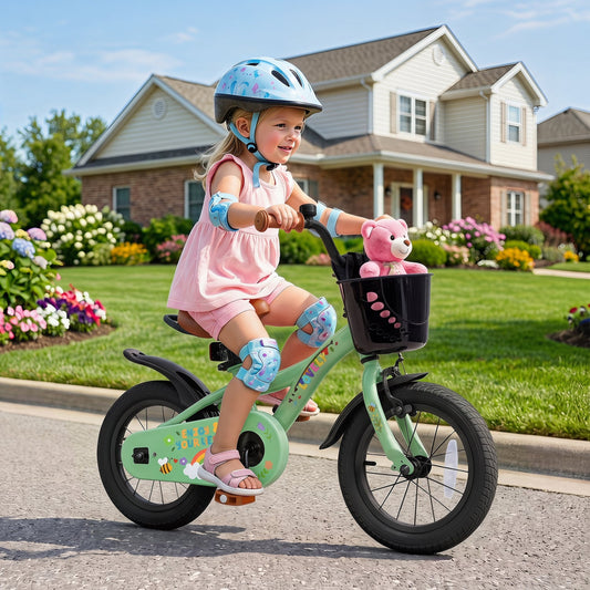 12 Inches Girls Bike for 3-8 Years, Basket, Spring Party, Green Kids Bike Green at Gallery Canada