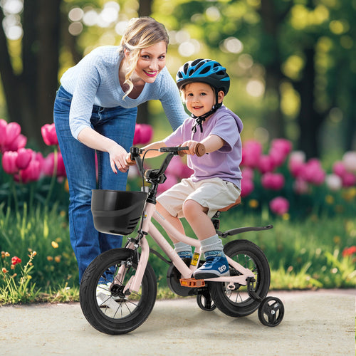 12 Inches Kids Bike With Basket, Adjustable Handlebar, Pink
