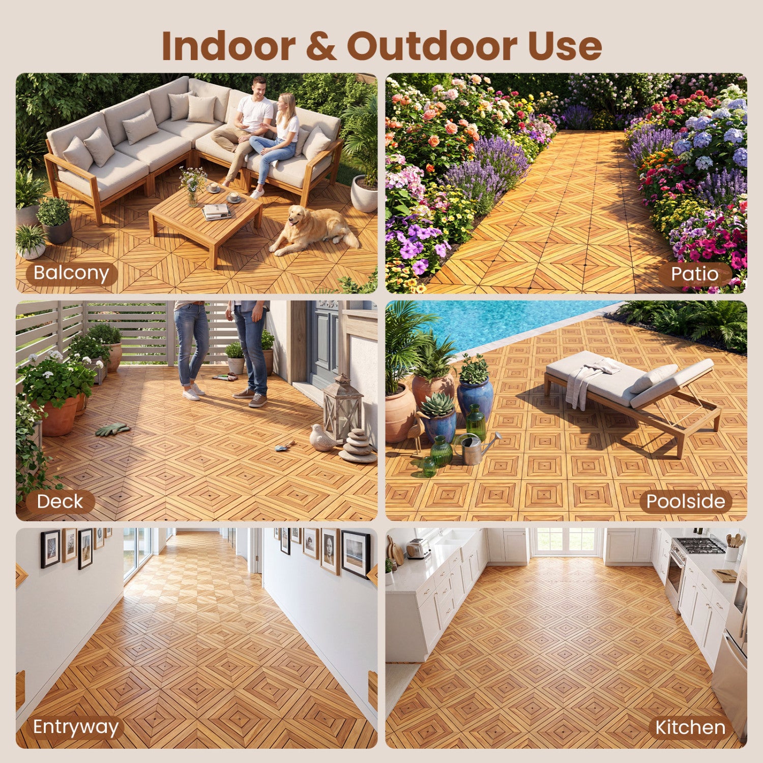 12 x 12 Inch 48 Pieces Acacia Wood Interlocking Deck Tiles with Waterproof Design, Natural Decorative Fencing & Flooring at Gallery Canada