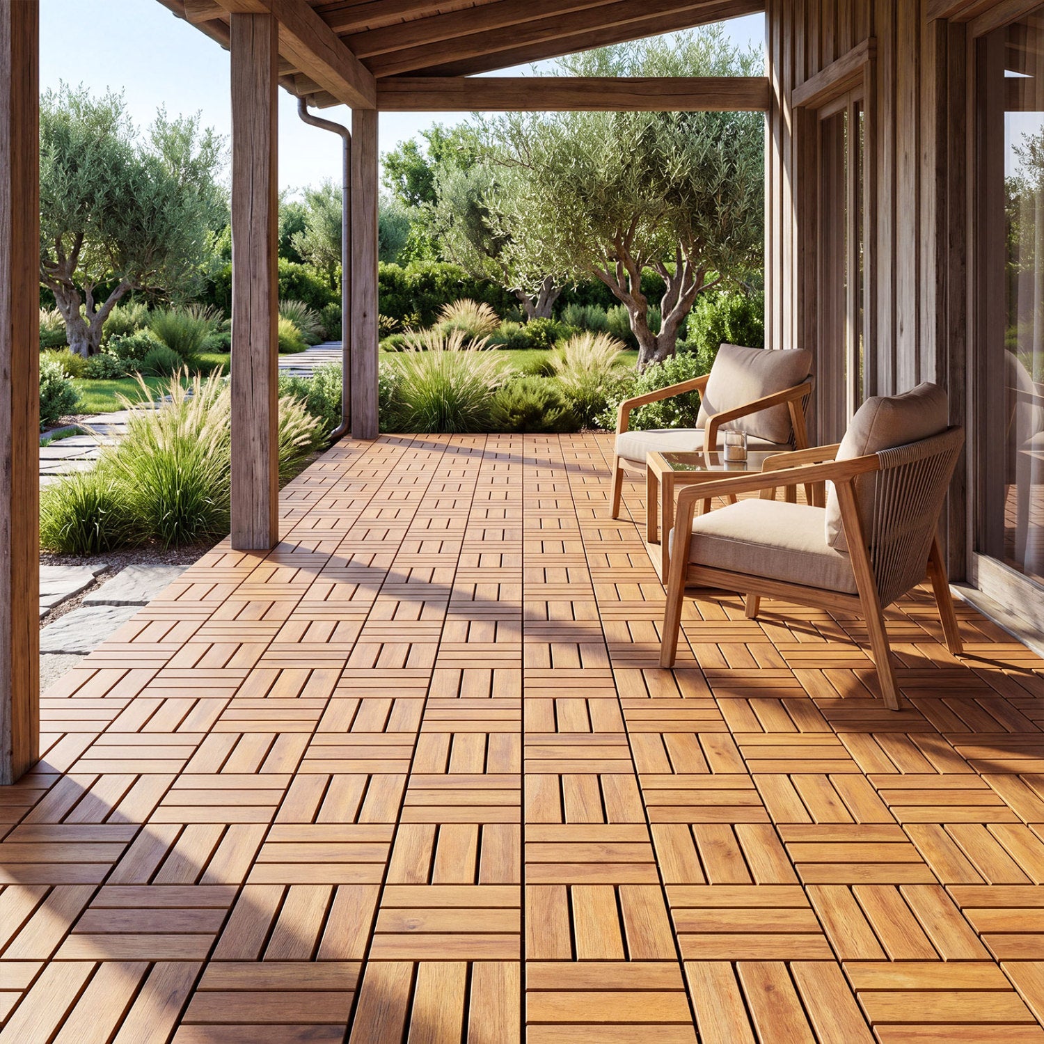 12 x 12 Inch 27 Piece Acacia Wood Interlocking Deck Tiles with Waterproof Design Set of 2, Natural Decorative Fencing & Flooring at Gallery Canada