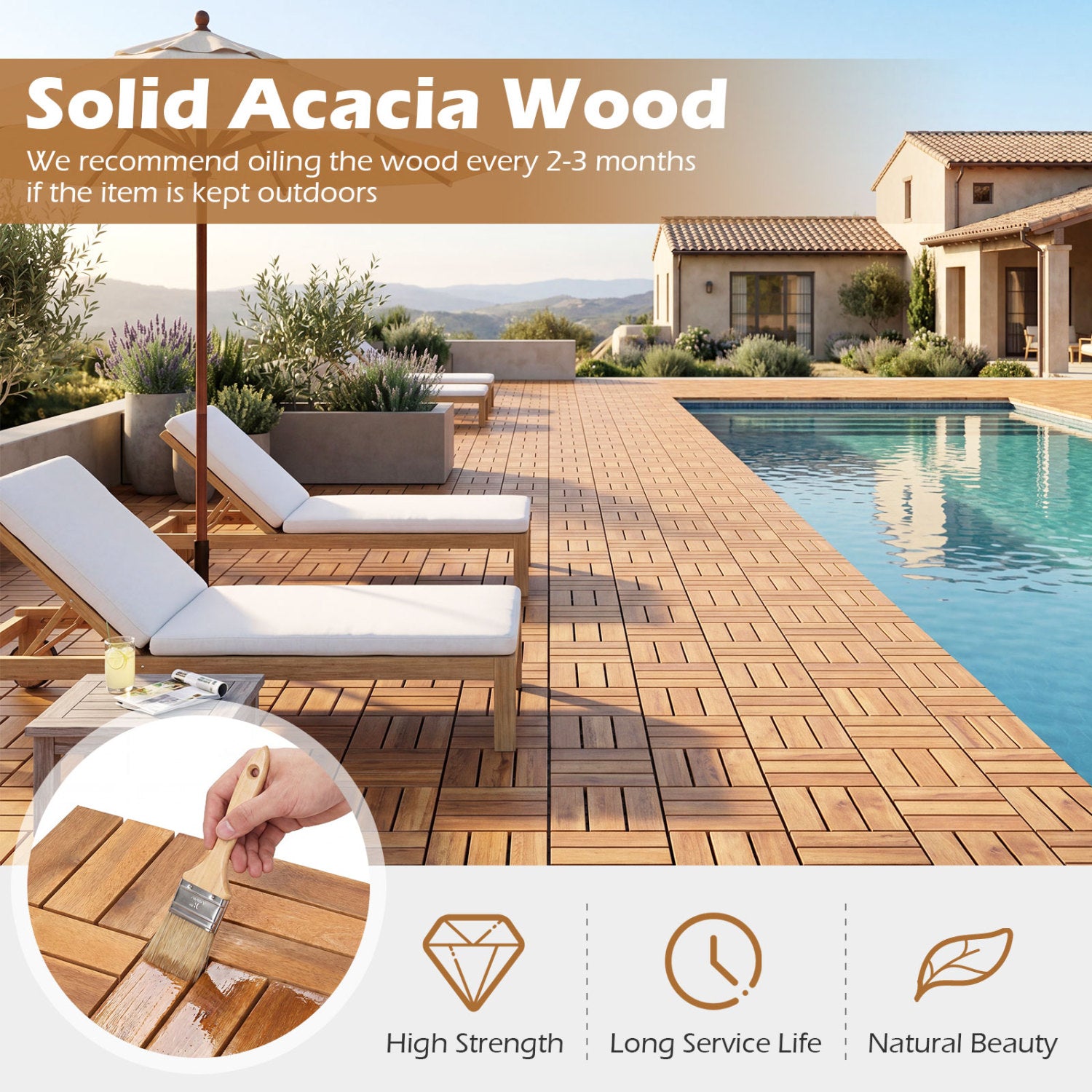 12 x 12 Inch 27 Piece Acacia Wood Interlocking Deck Tiles with Waterproof Design Set of 2, Natural Decorative Fencing & Flooring at Gallery Canada
