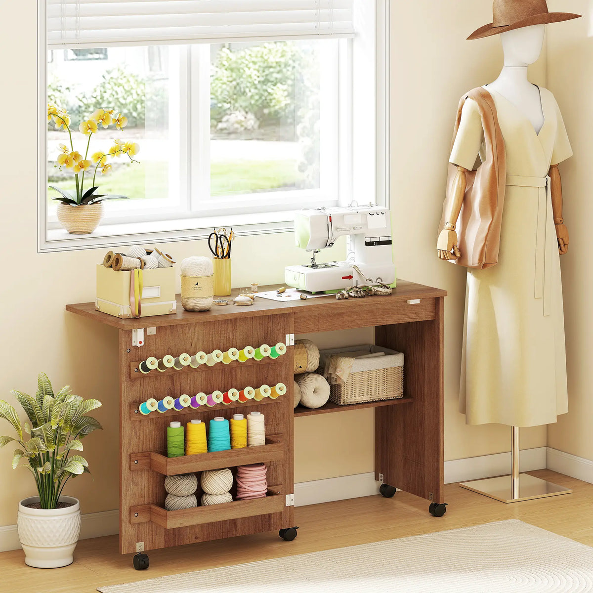 Sewing Machine Table on Wheels, Folding Craft Table with Storage, Brown Sewing Cabinets at Gallery Canada