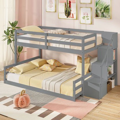 Solid Wood Twin Over Full Low Bunk Bed With Storage Stairs, Gray Bunk Bed Frame at Gallery Canada
