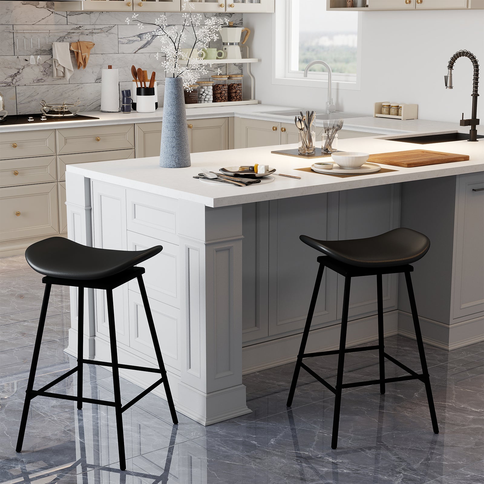 2 Swivel Barstools, Faux Leather, Backless With Footrest, Black Bar Stools at Gallery Canada