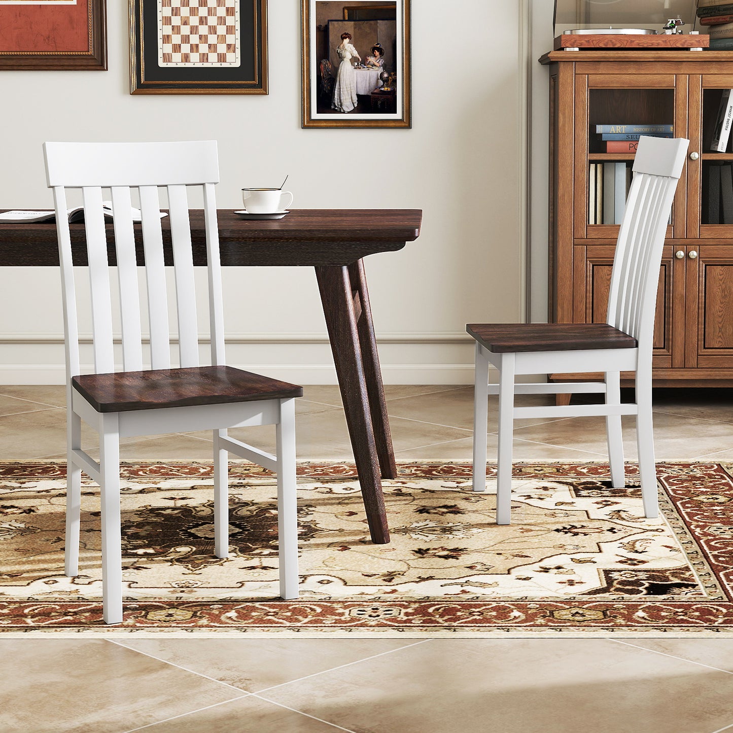 2 Kitchen Armless Dining Chairs, Slatted High Backrests, White Dining Chairs at Gallery Canada
