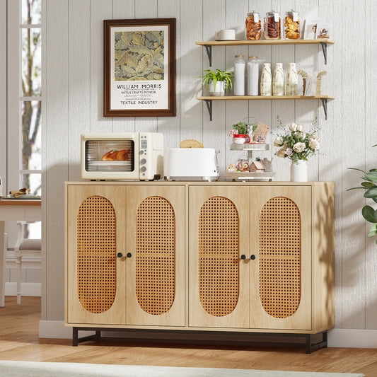 50 Inch Buffet Sideboard Cabinet, 4 Rattan Doors, Adjustable Shelves, Natural Sideboards Cabinets & Buffets Natural at Gallery Canada