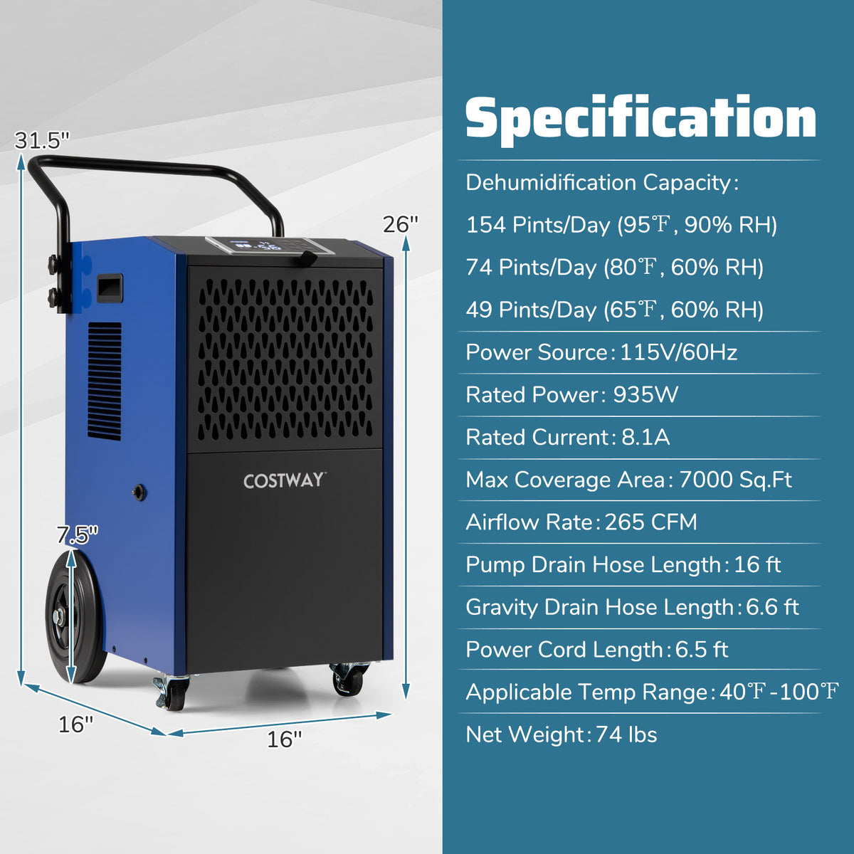 154 Pints Commercial Dehumidifier With Pump, Drain Hoses, Blue Dehumidifiers at Gallery Canada