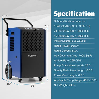 154 Pints Commercial Dehumidifier With Pump, Drain Hoses, Blue Dehumidifiers at Gallery Canada
