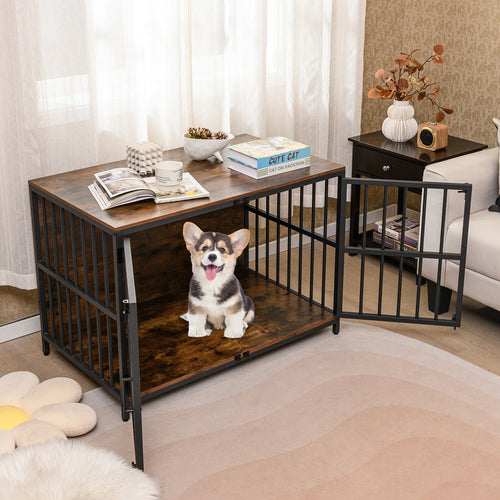 40 Inch Dog Crate Furniture, Dual Lockable Doors, Rustic Brown