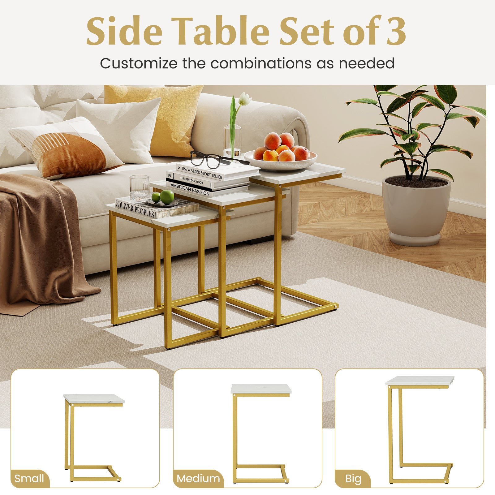 3 Piece Multifunctional Coffee End Table Set, White Living Room at Gallery Canada